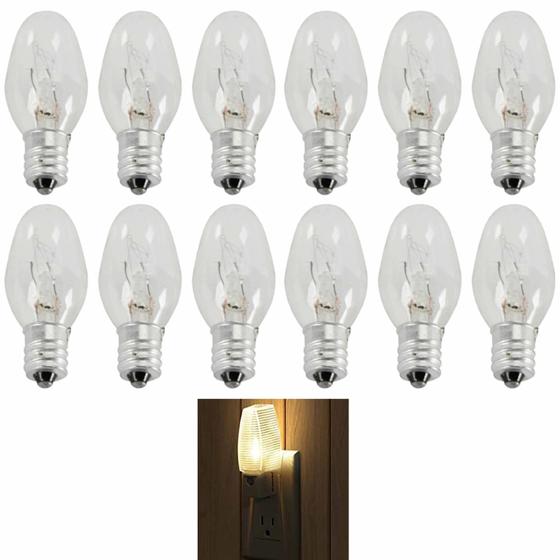 12 Pc Clear Night Light Bulbs Replacement 7W 120V Candelabra Base Home Lighting