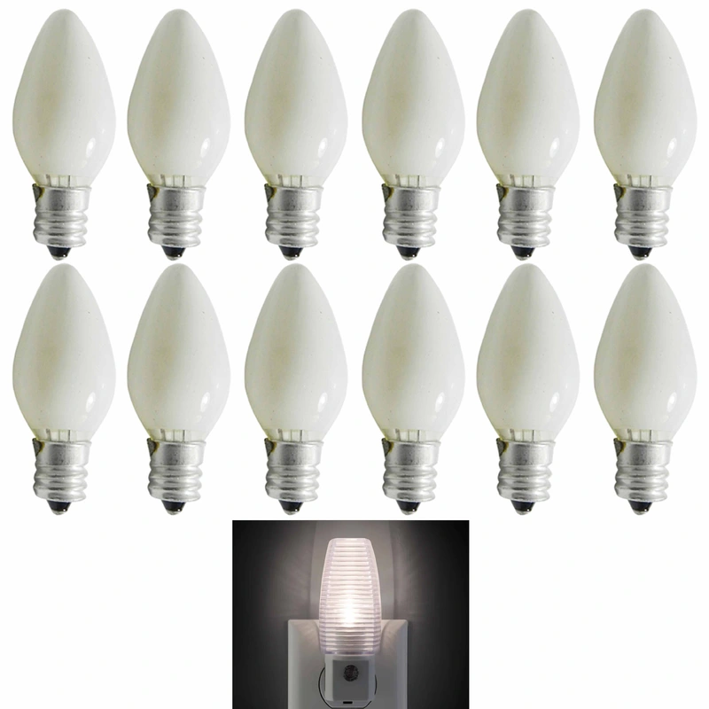 12 Pc Night Light Bulbs White 7 Watt 120V Lamp 7W Candelabra Base Replacement