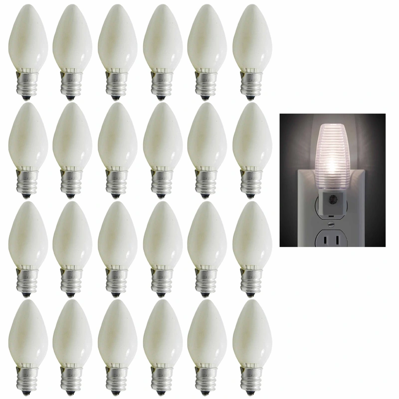 24 Pc Bulk 7 Watt Night Light Bulbs White 120V Candelabra Base Replacement Lamp