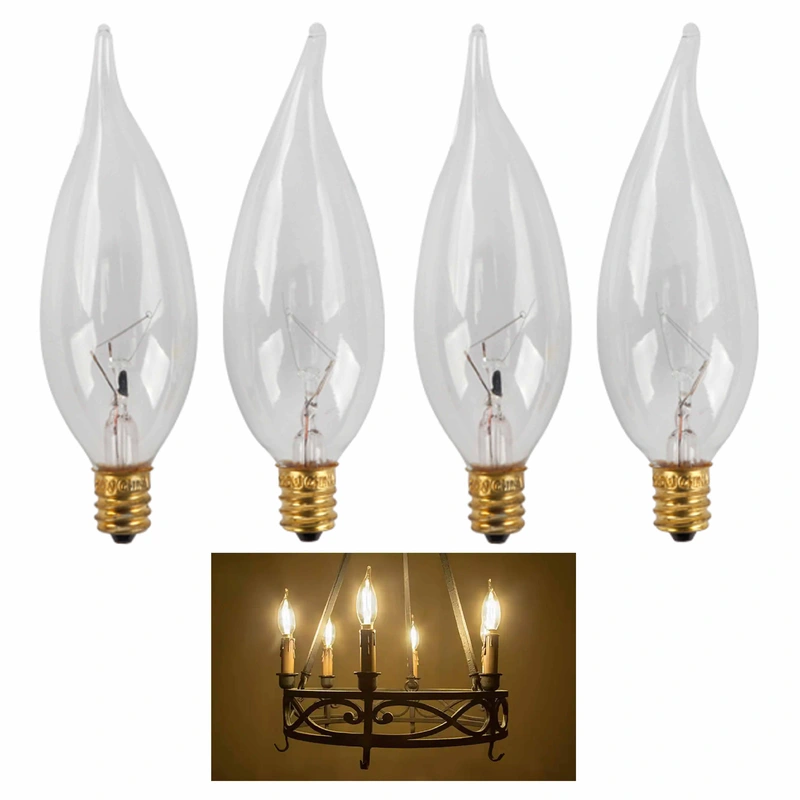 4 Pc Candelabra Light Bulbs Clear 40 Watt Lamp Chandelier 40W 120V Flame Tip